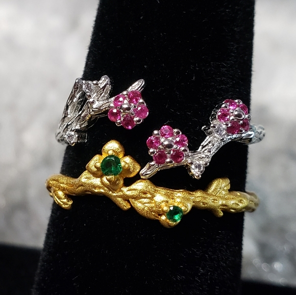 925 Sterling Silver Plant Leaf Flowers Branch 18k - Picture 4 of 8